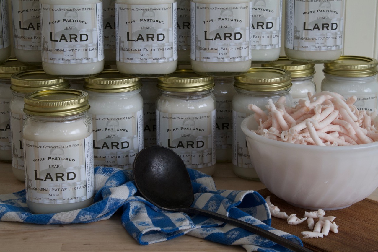 jars of lard stocked behind bowl of lard
