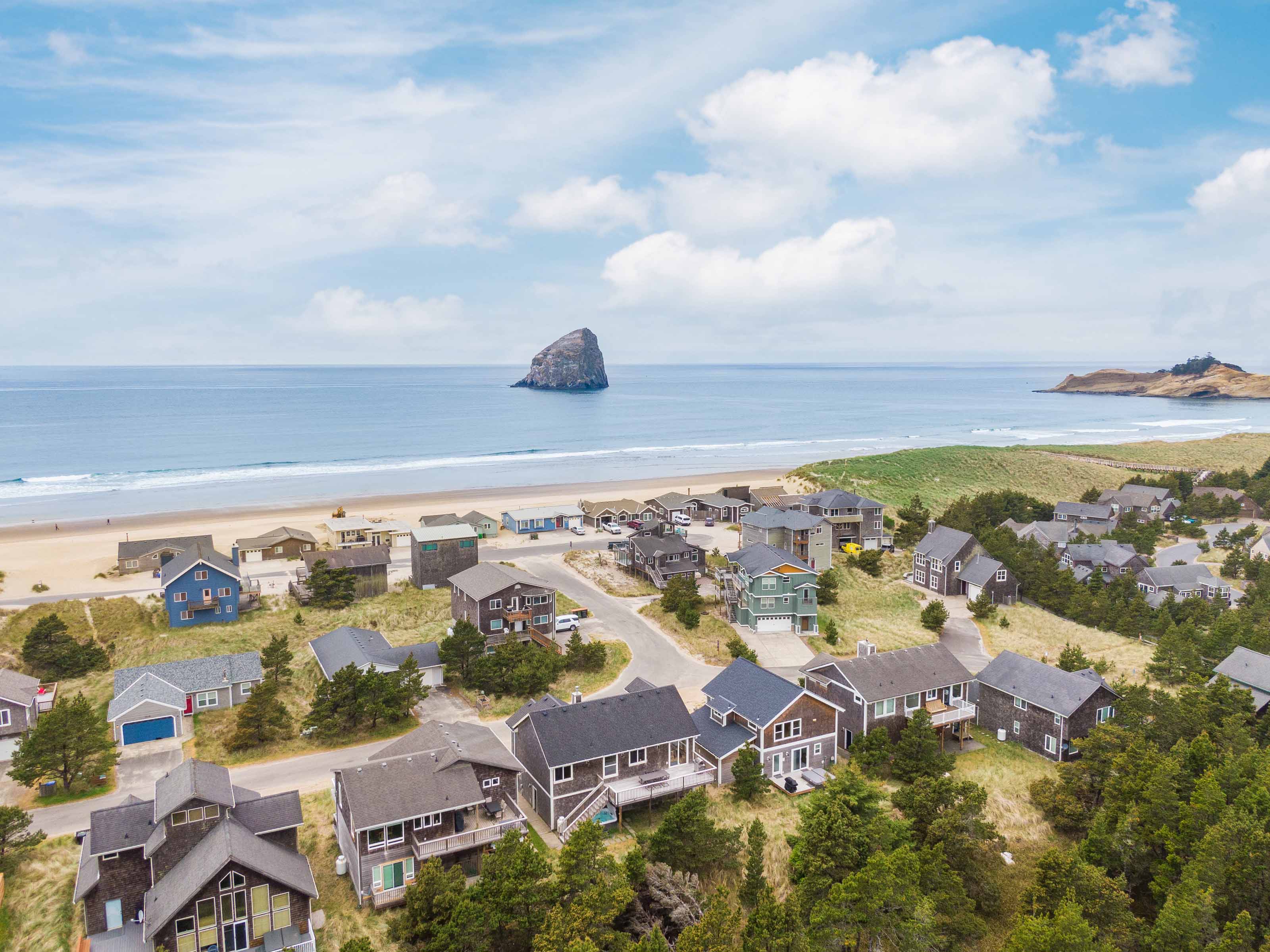 Kiwanda Coastal Properties aerial view of beachfront Pacific City vacation homes