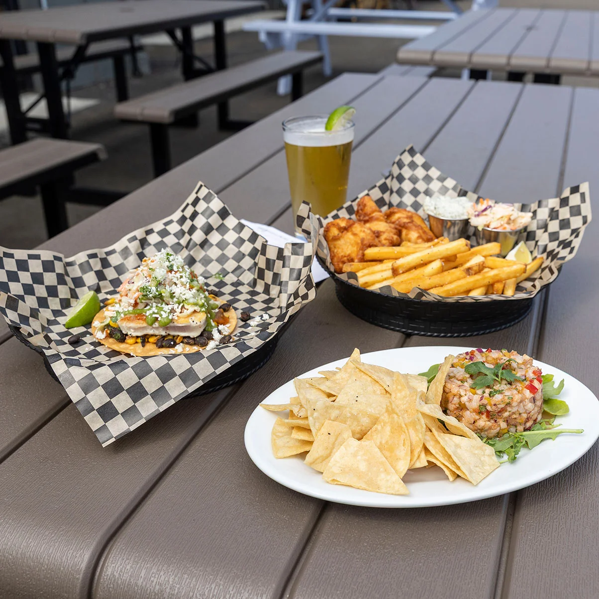 Rockfish ceviche, Tuna Tostada, and Fish & Chips with a Mexican Lager at Battery 245 Brewing Co. in Warrenton.jpg