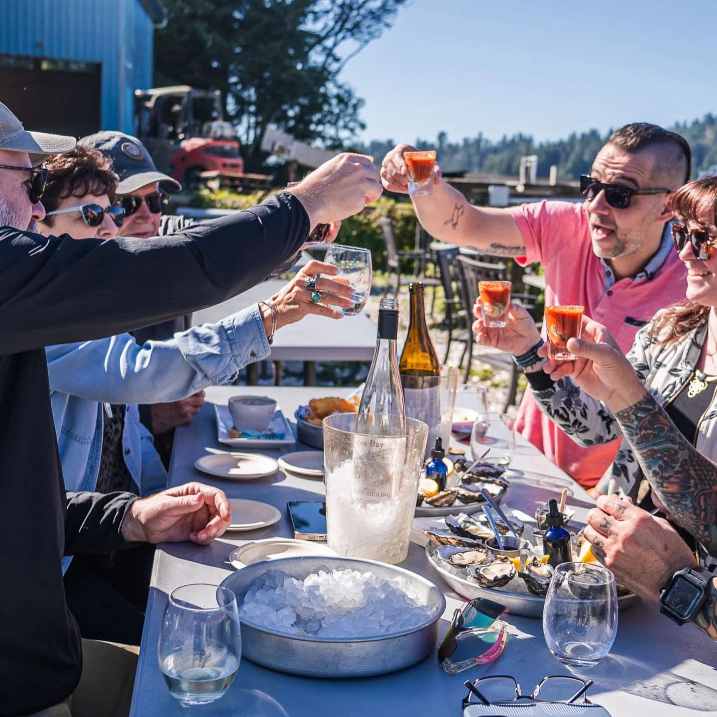 Oyster shooters and wine at the outdoor picnic tables.jpg