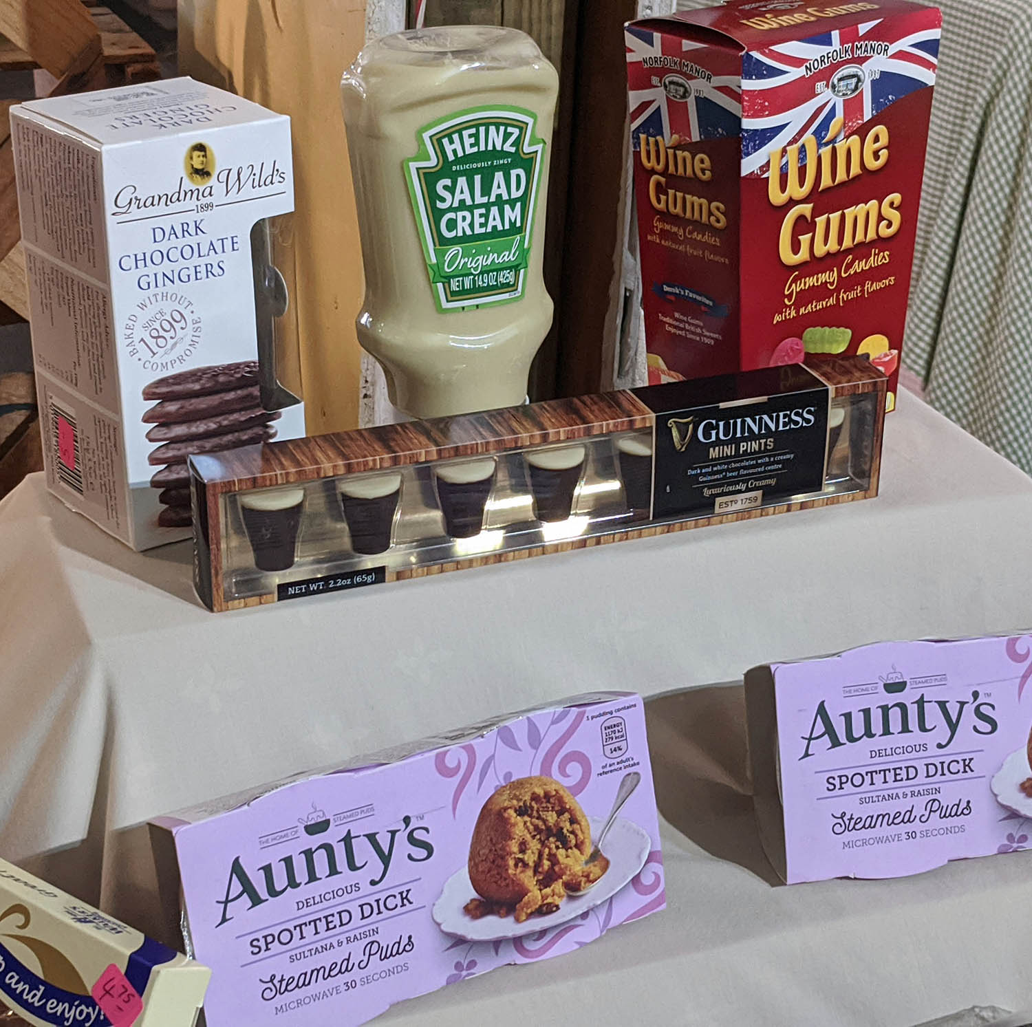 retail display of British biscuits and candy