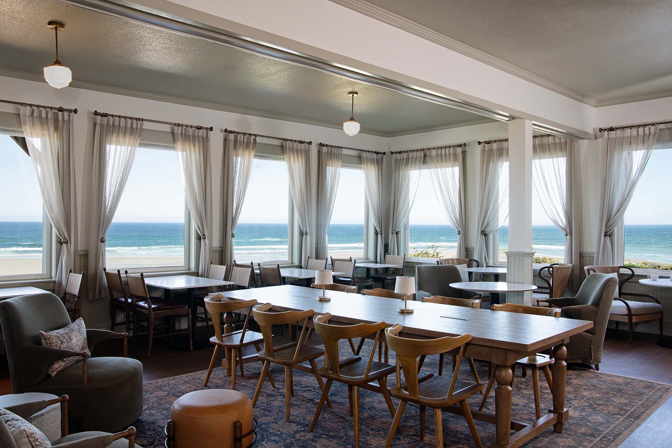 Café Sylvia indoor seating overlooking the ocean Newport Oregon