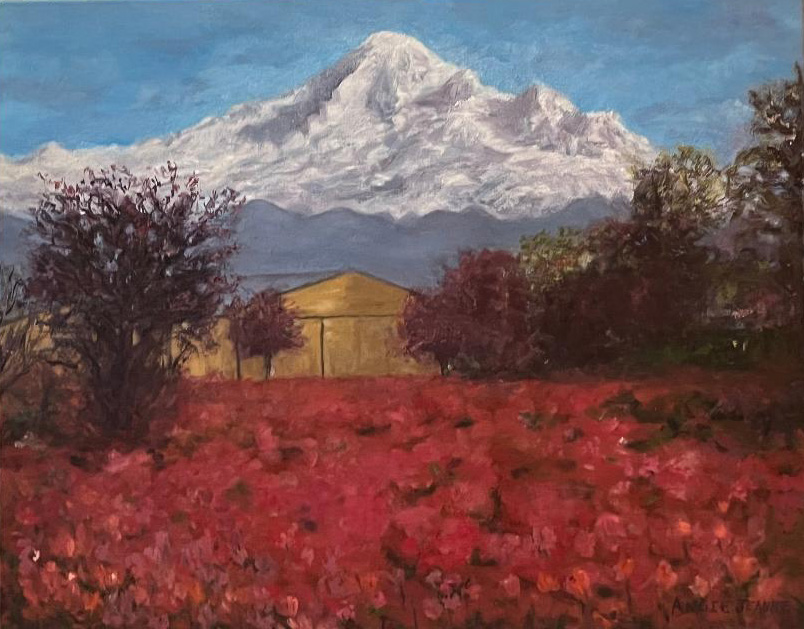 Landscape painting of house under mountain surrounded by red grass by Angie Thomas