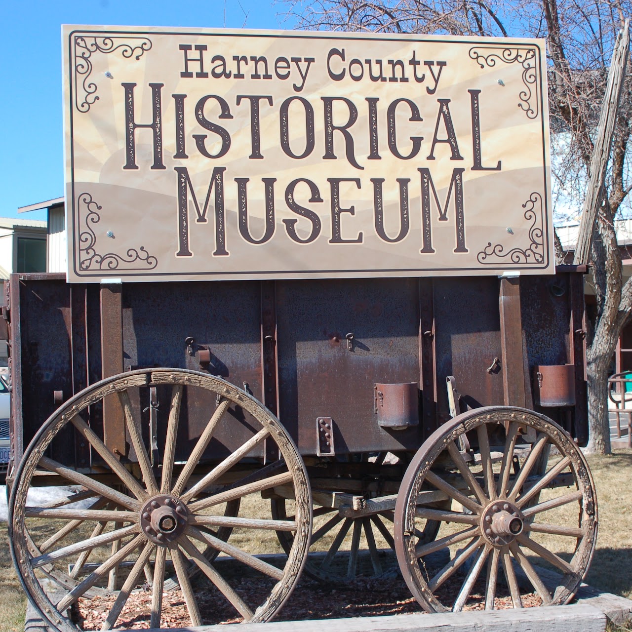old wagon with sign for Harney County Historical Museum