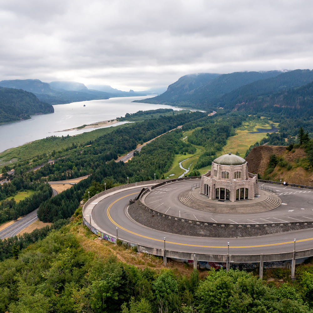 Aerial view of Vista House overlooking the Columbia River Gorge