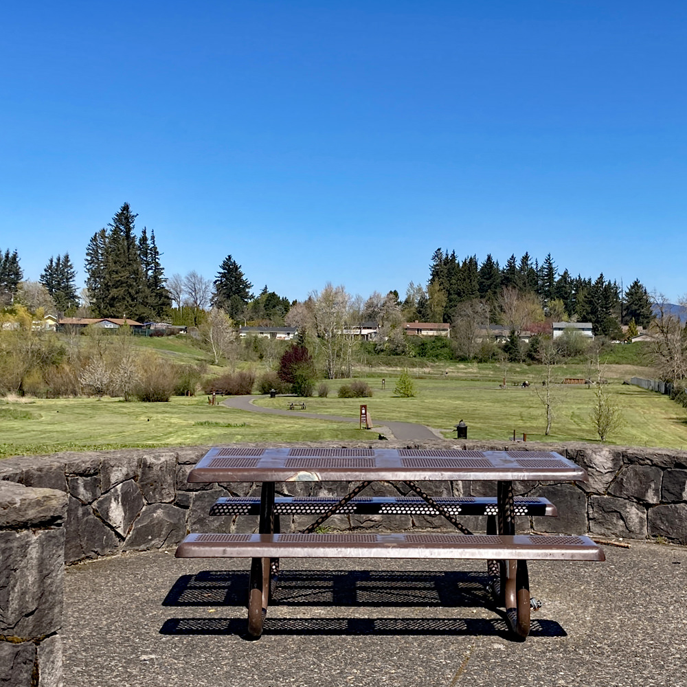 Picnic table overlooking open field at Sunrise Park in Troutdale