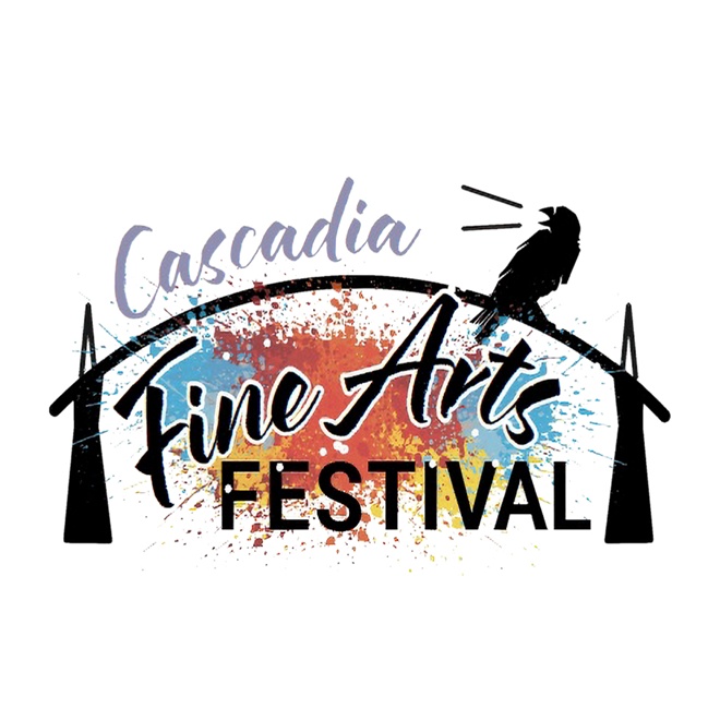 Cascadia Fine Arts Festival logo features a sketch of a crow sitting on the Centennial Arch