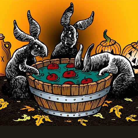 Painting of black rabbits bobbing for apples in a wooden barrel.
