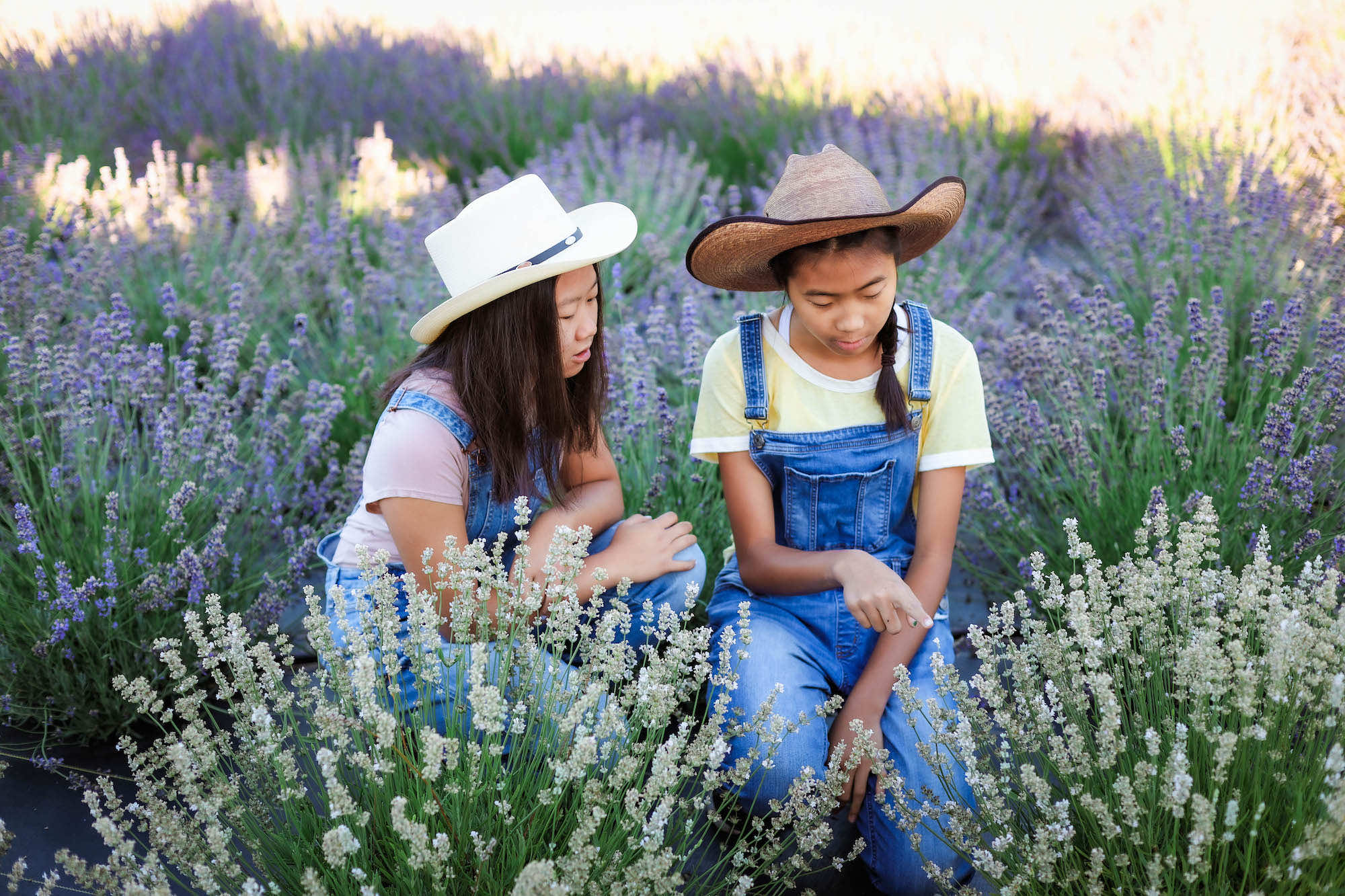 Women wearing hats and overalls in a lavender field