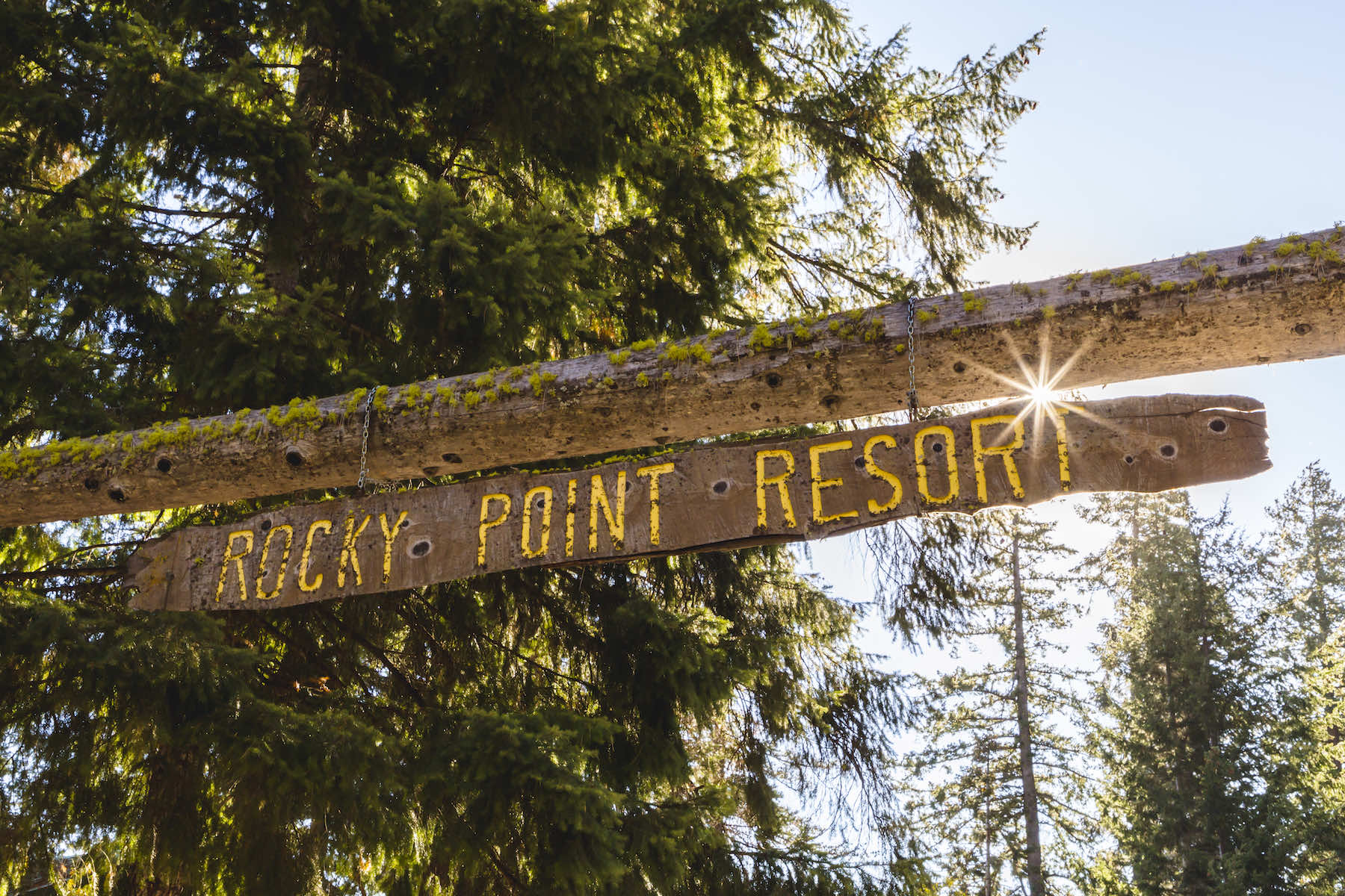 Rustic Rocky Point Resort sign.