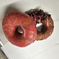 Red glazed cake donuts
