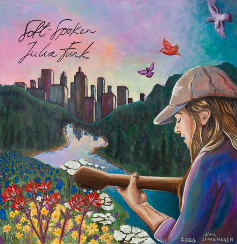 Drawing of a woman playing guitar looking over a river