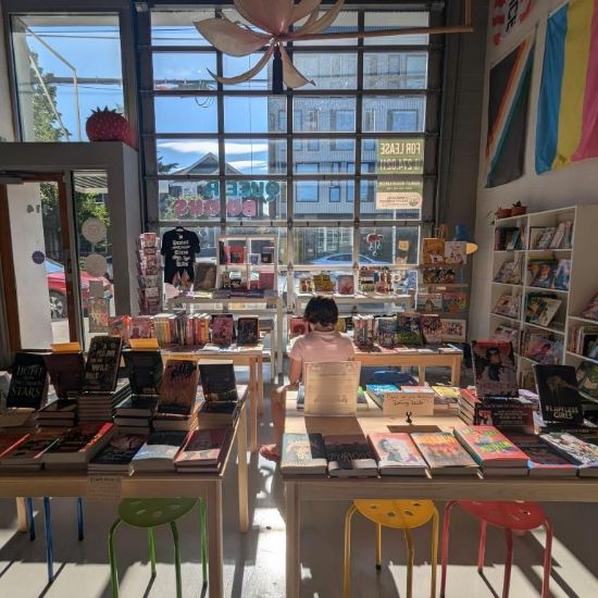 interior of bookstore looking out the window on a sunny day