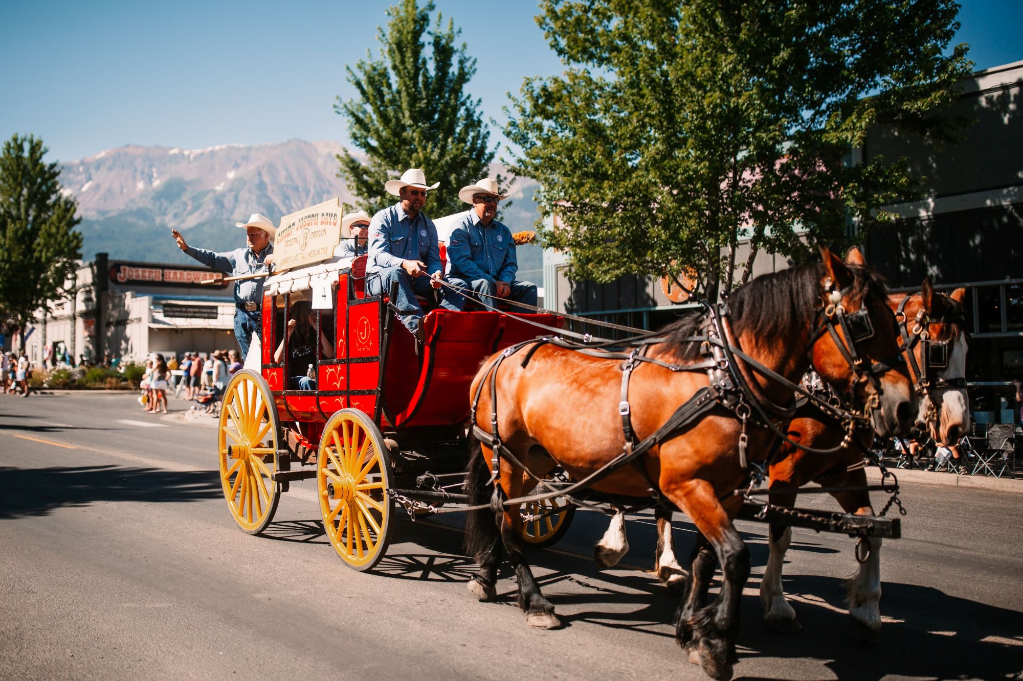 Two horses pull an old fashioned red carriage along the main street parade