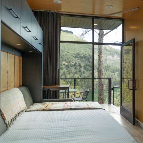 View of an interior of a tiny home lodging space at Lake Simtustus Resort