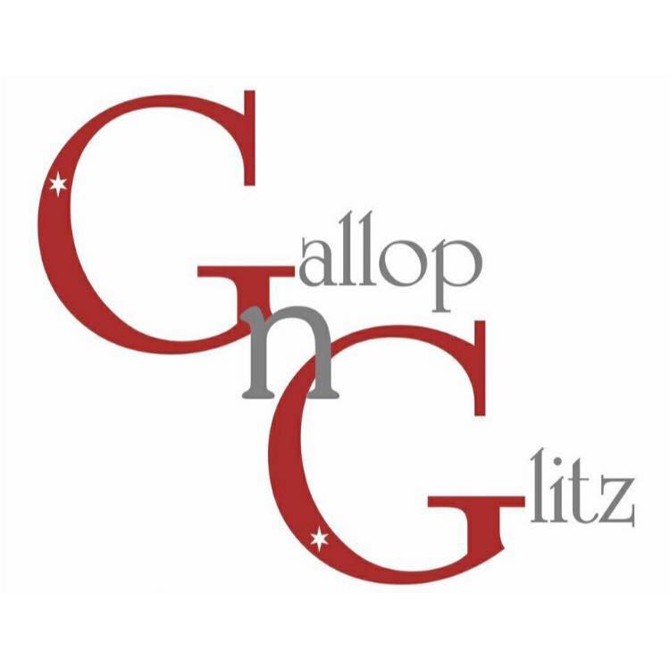 Gallop n Glitz Logo, the letter G is capitalized in both words, the font is red and the G is hooked through the n.