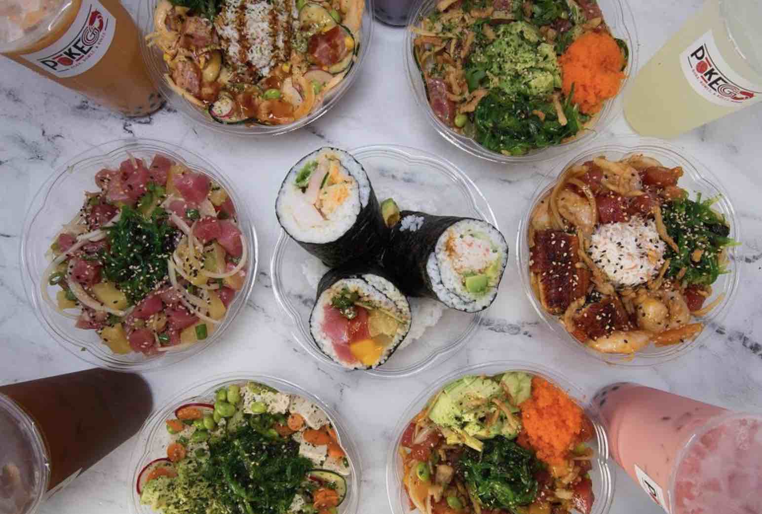 bowls of poke and a sushi burrito