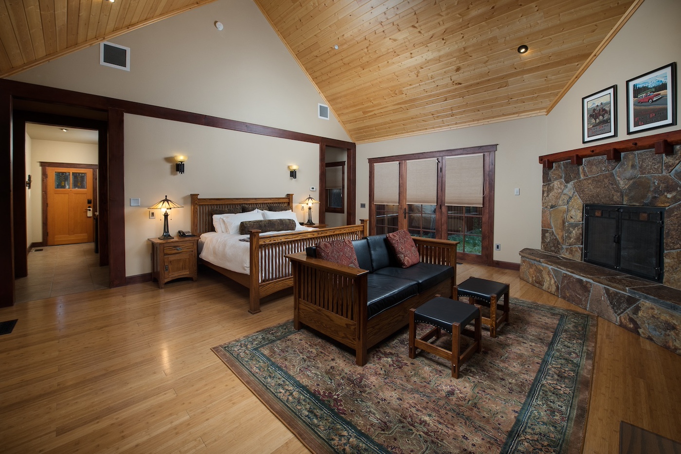 cozy fireplace cabin at FivePine Lodge