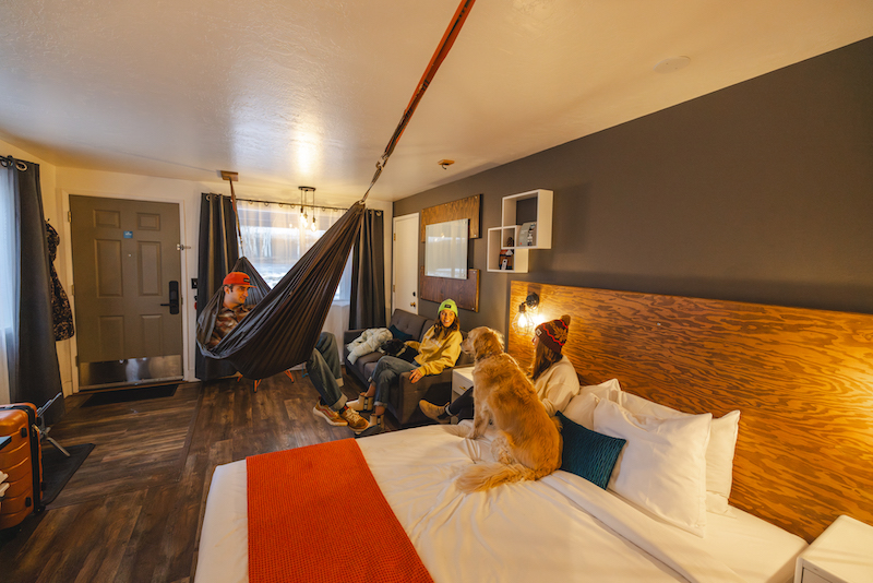 guest room with queen bed and hammock