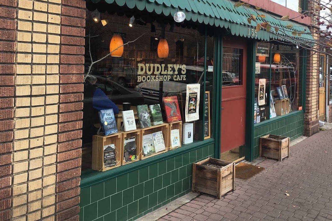 green tile exterior of Dudleys bookshop