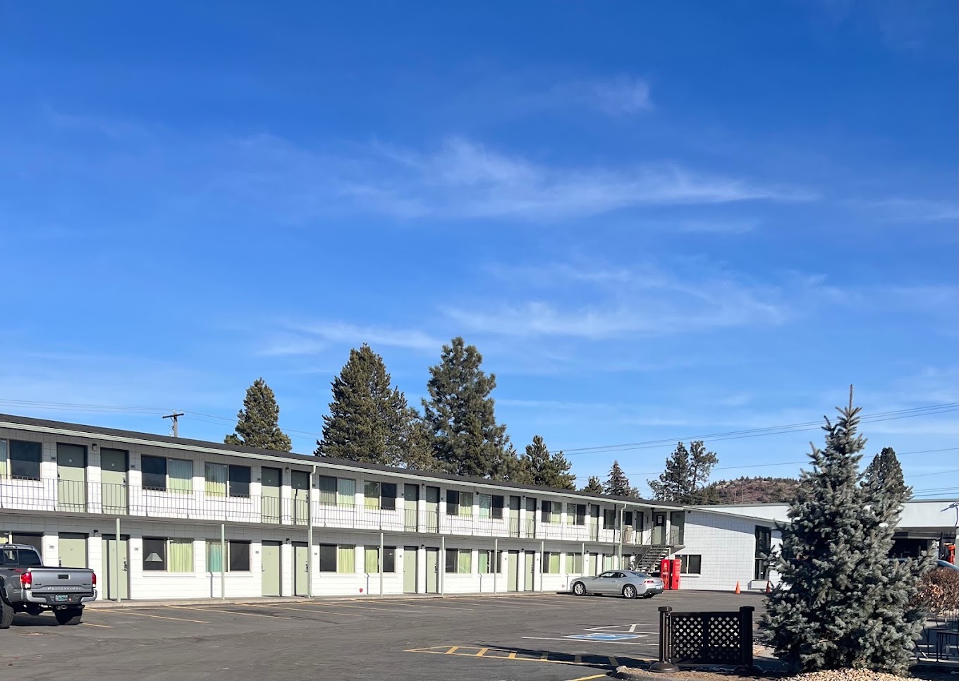 exterior of modest two story hotel