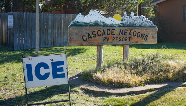 sign at Cascade Meadows RV Resort