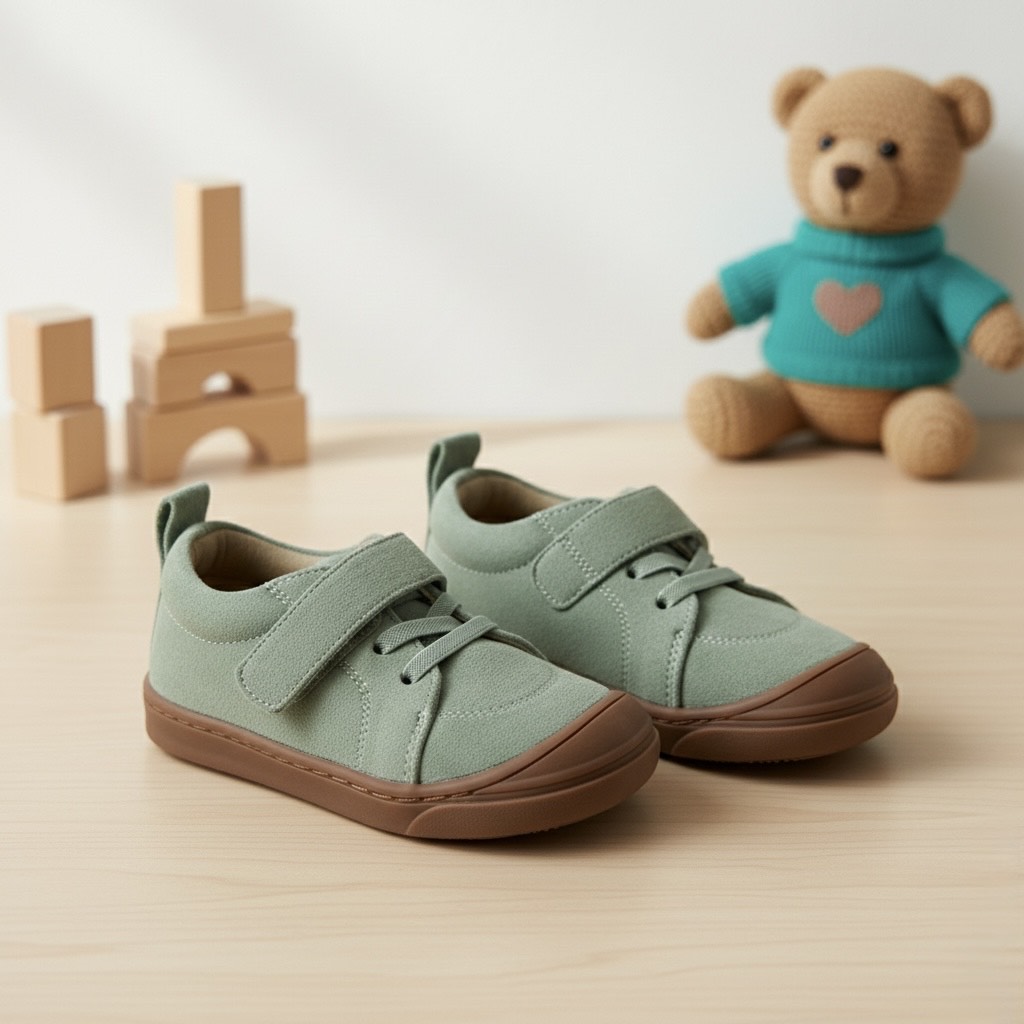 A pair of green children's shoes with Velcro straps sits on a wooden surface beside a teddy bear and building blocks.