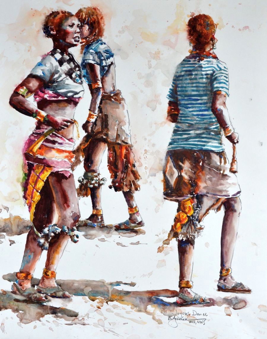 Painting of three people dancing in a circle