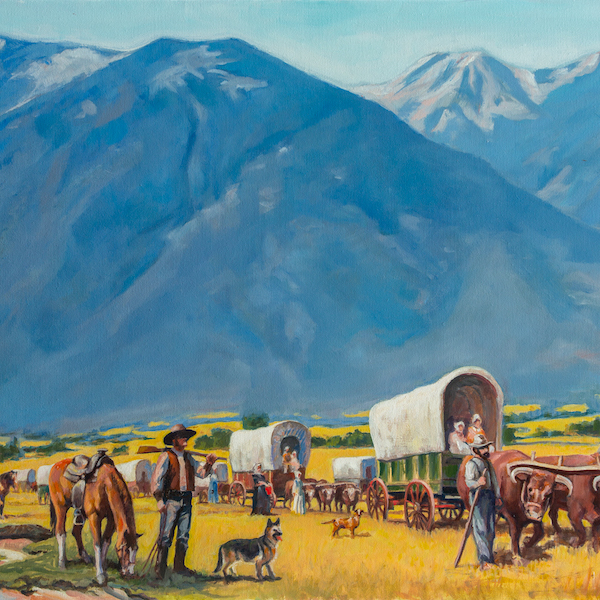 A painting of a train of covered wagons on the Oregon Trail with soaring blue mountains int he background.
