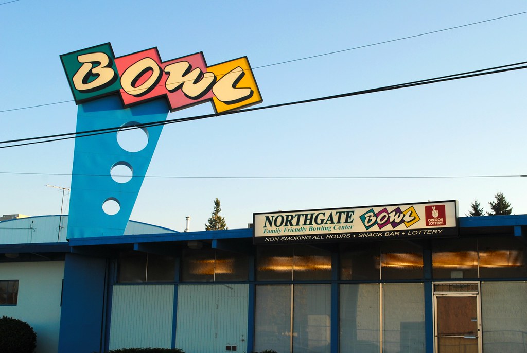 front of bowling alley with large sign with lettering for Northgate Bowl