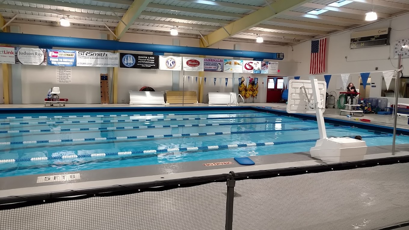 Indoor Swim Lanes with Sponsor signs in background