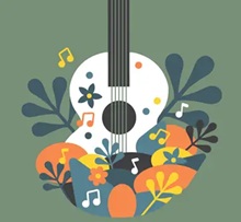Cartoon Guitar in white with colorful shapes