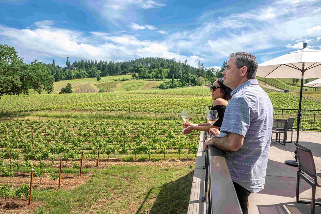 two people lean on railing of patio and look out into a vineyard