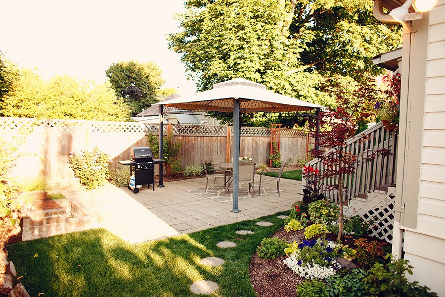 Backyard view of covered patio