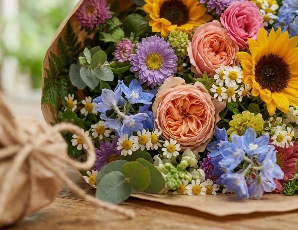 A colorful bouquet of flowers wrapped in paper and twine