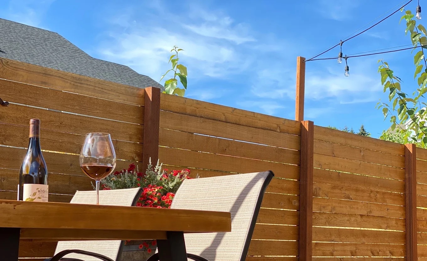 Outdoor seating with wine on a sunny day