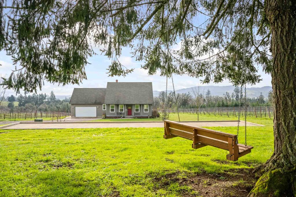 Tree swing and view of rental home and vineyard background