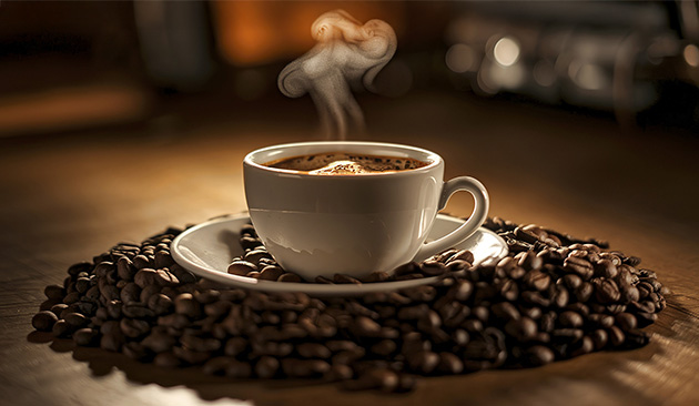 cup of steaming coffee on a pile of coffee beans