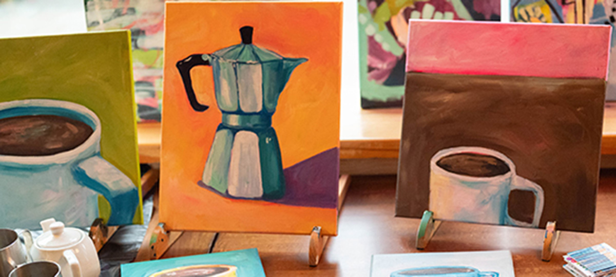 paintings of coffee cups and espresso maker