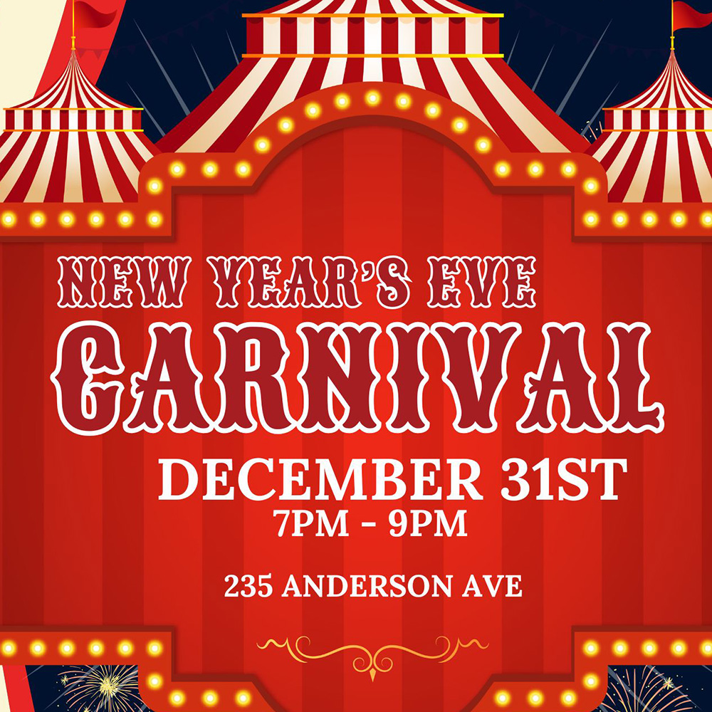 Red carnival tent with striped roof and flags announcing the new year's eve carnival