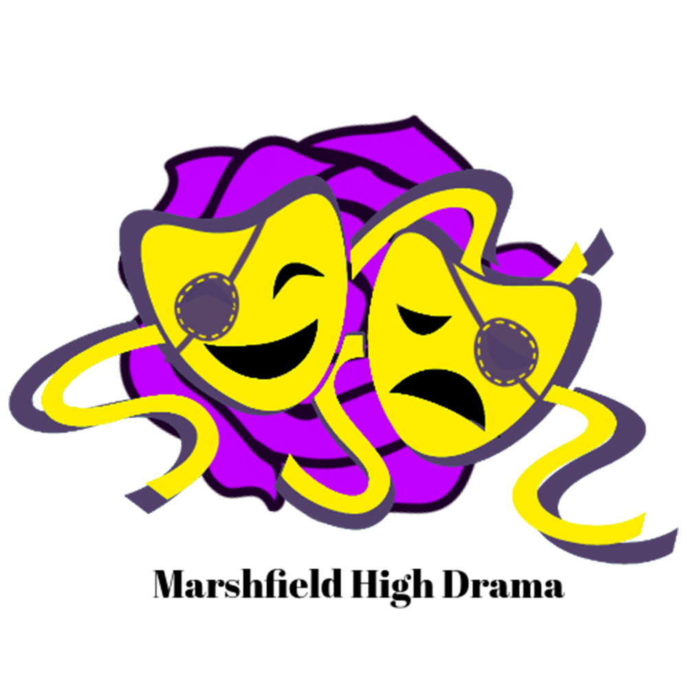 Marshfield High Drama logo featuring yellow comedy and tragedy theater masks with headset microphones, set over a purple rose with yellow ribbon accents, with the text “Marshfield High Drama” below.