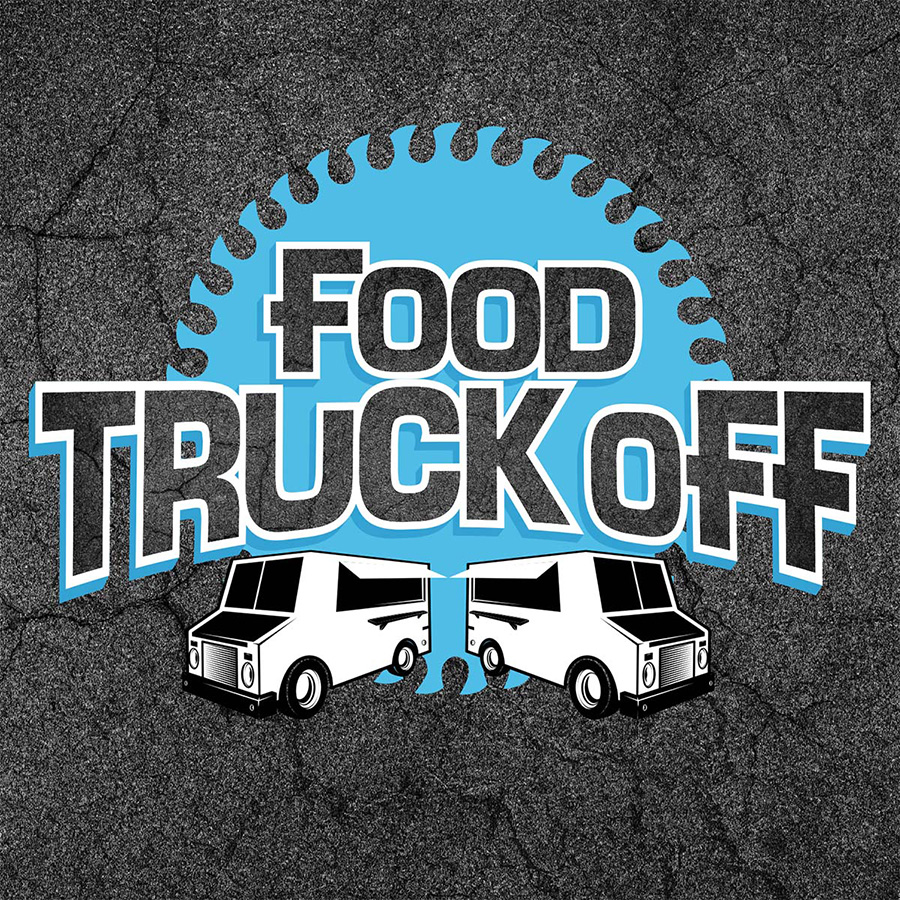 a blue saw blade shaped graphic on a background of black asphalt, the words Food Truck Off and two white food trucks