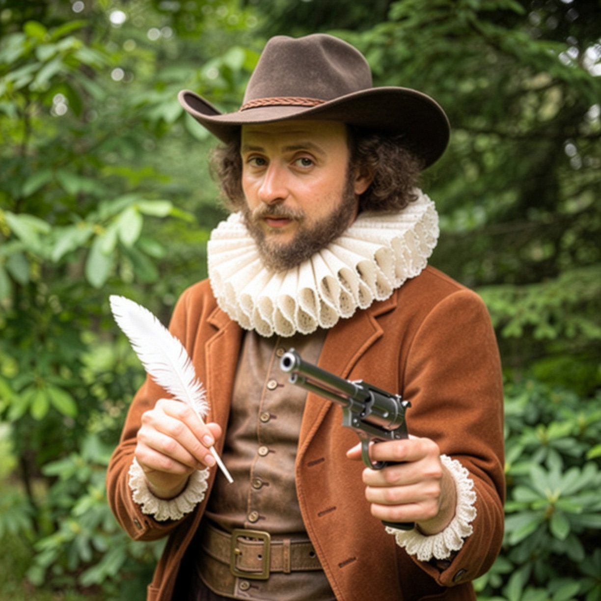 Person dressed in Renaissance-style clothing with a wide-brimmed hat and ruffled collar, holding a feather quill in one hand and pointing a revolver toward the camera while standing outdoors among green foliage.