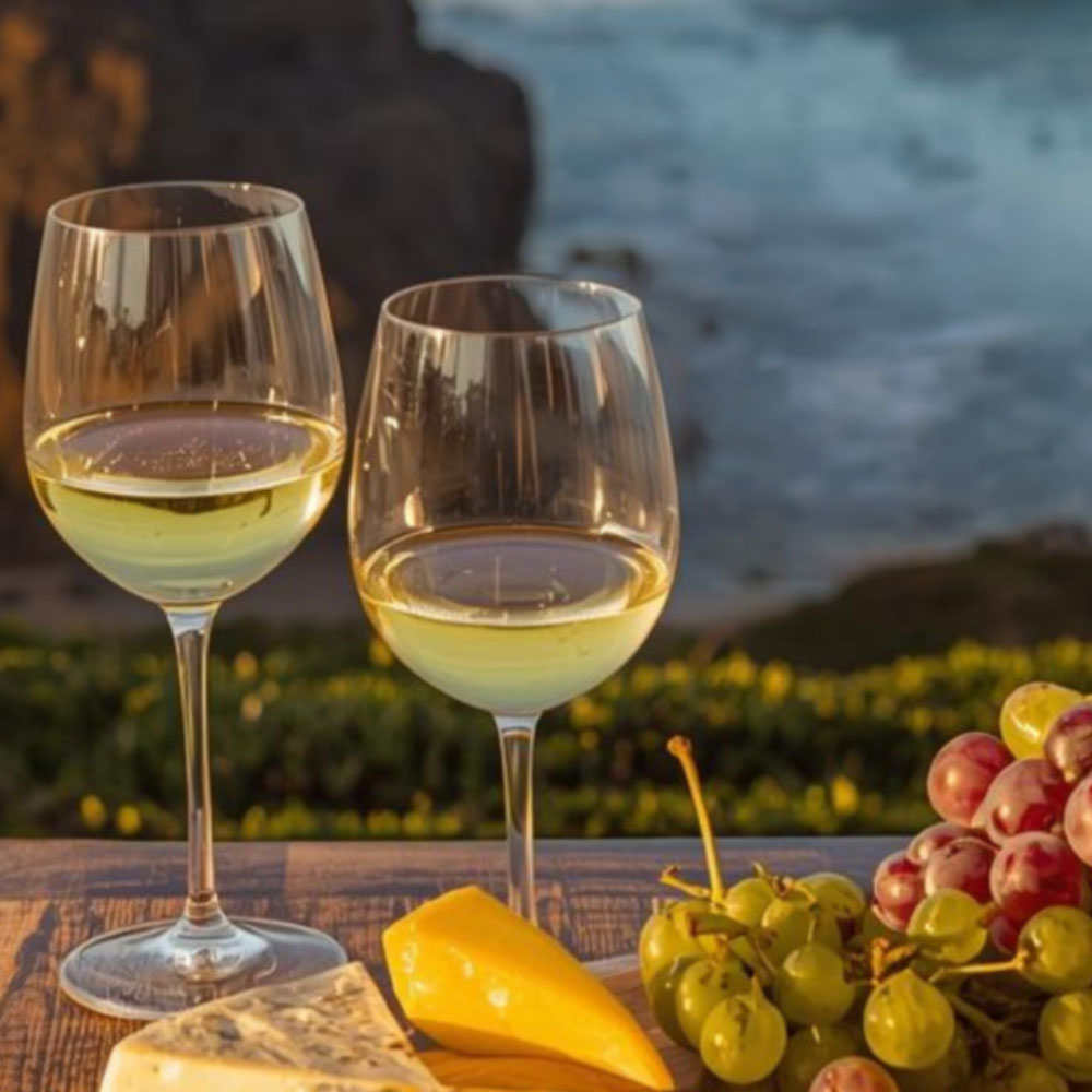 Two glasses of white wine sit on a wooden table overlooking a rocky ocean shoreline at sunset, beside assorted green and red grapes and wedges of cheese in warm golden light.