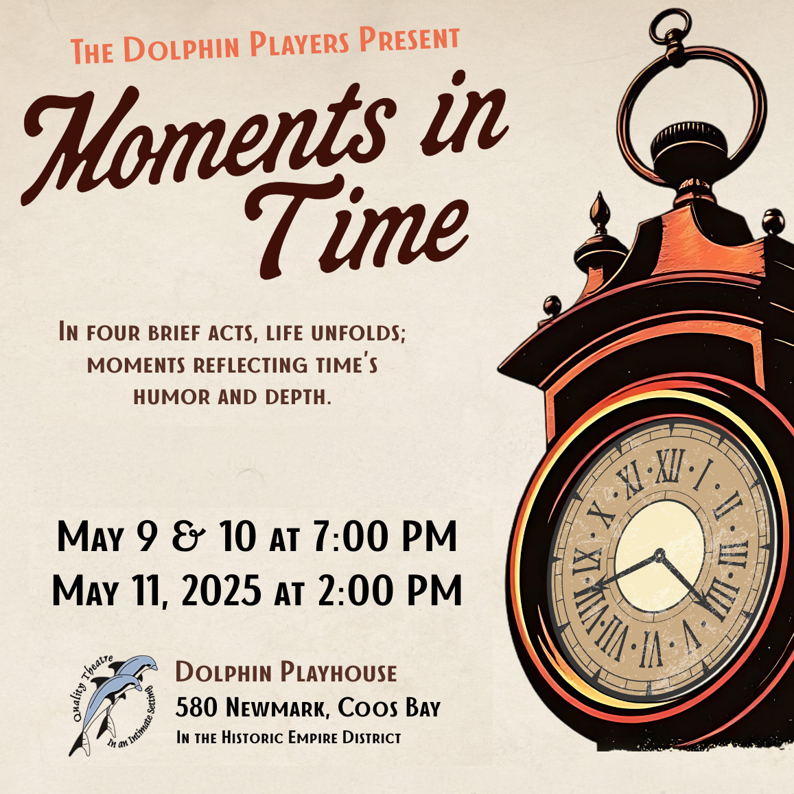 image of old timey clock and announcement of date and time of play