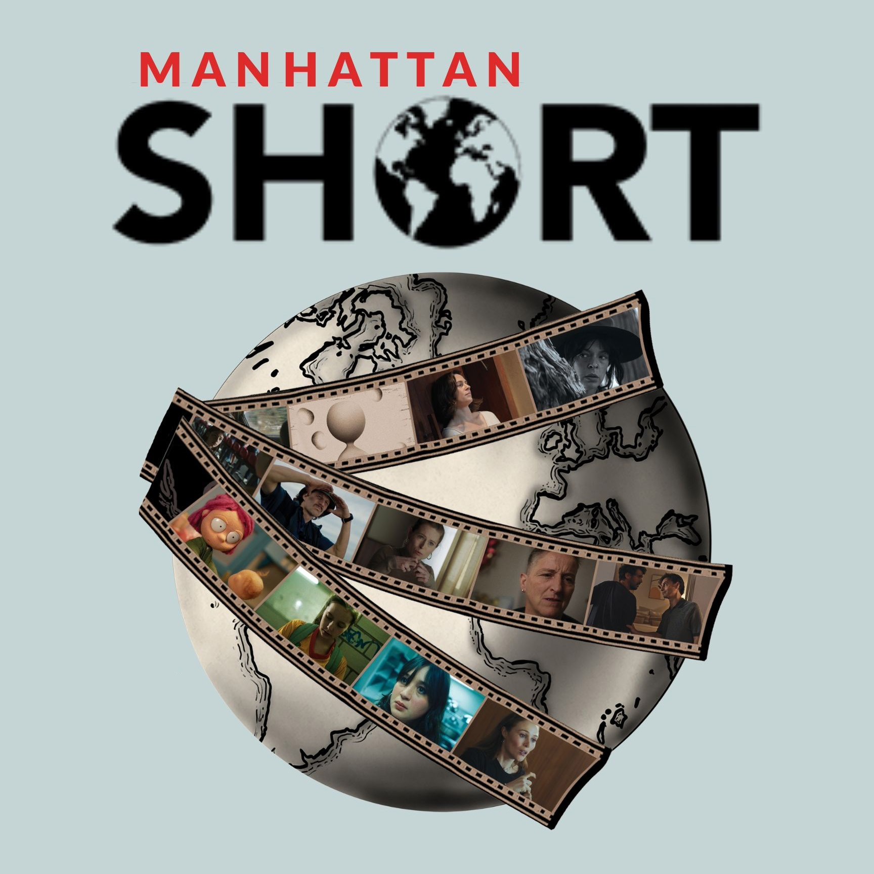 Poster for the Manhattan Short Film Festival featuring a globe wrapped in film strips with scenes from various short films.