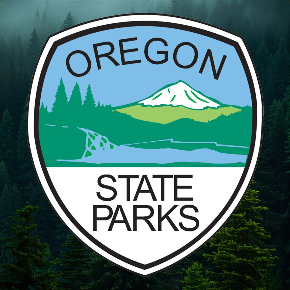Oregon State Parks logo featuring a shield with a snow-capped mountain, evergreen trees, a waterfall, and a lake against a blue sky, set over a forest background.