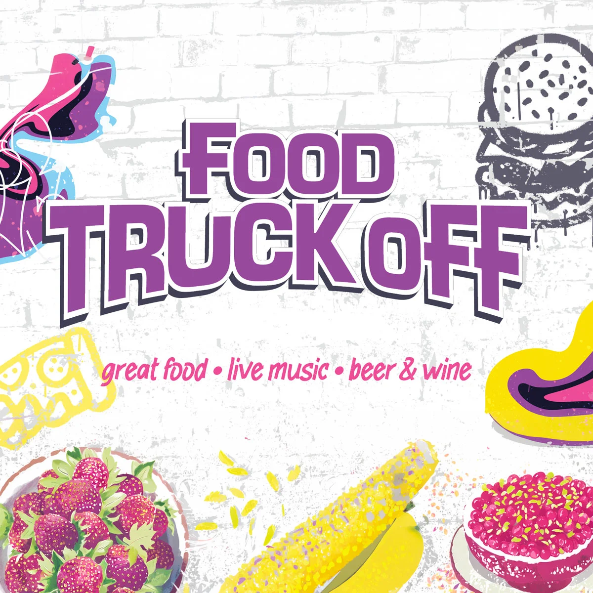 Promotional graphic for Food Truck Off on a white brick background with food illustrations. Text reads: “Great food, live music, beer & wine.”