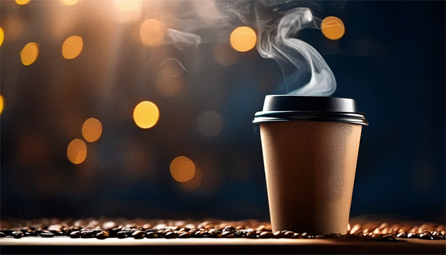 yellow gold fuzzy balls of light int he background.  In the foreground a small cup of coffee in a tan paper cup with white steam rising from it