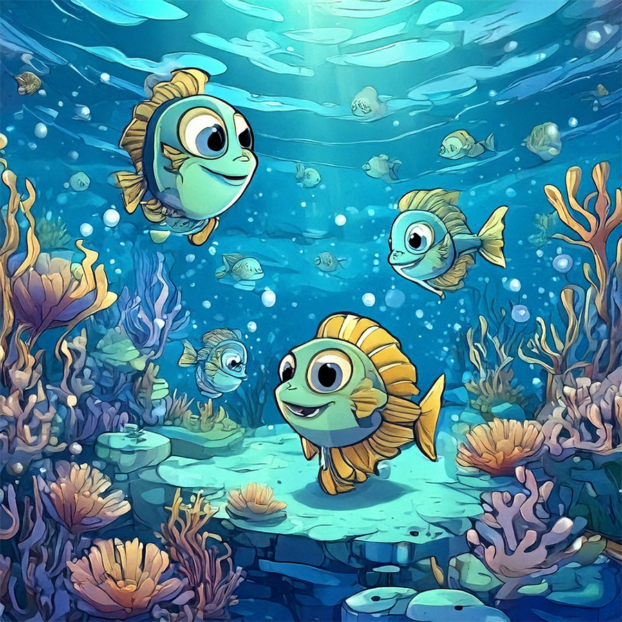 graphical images of four fish in a bed of coral with very large eyes